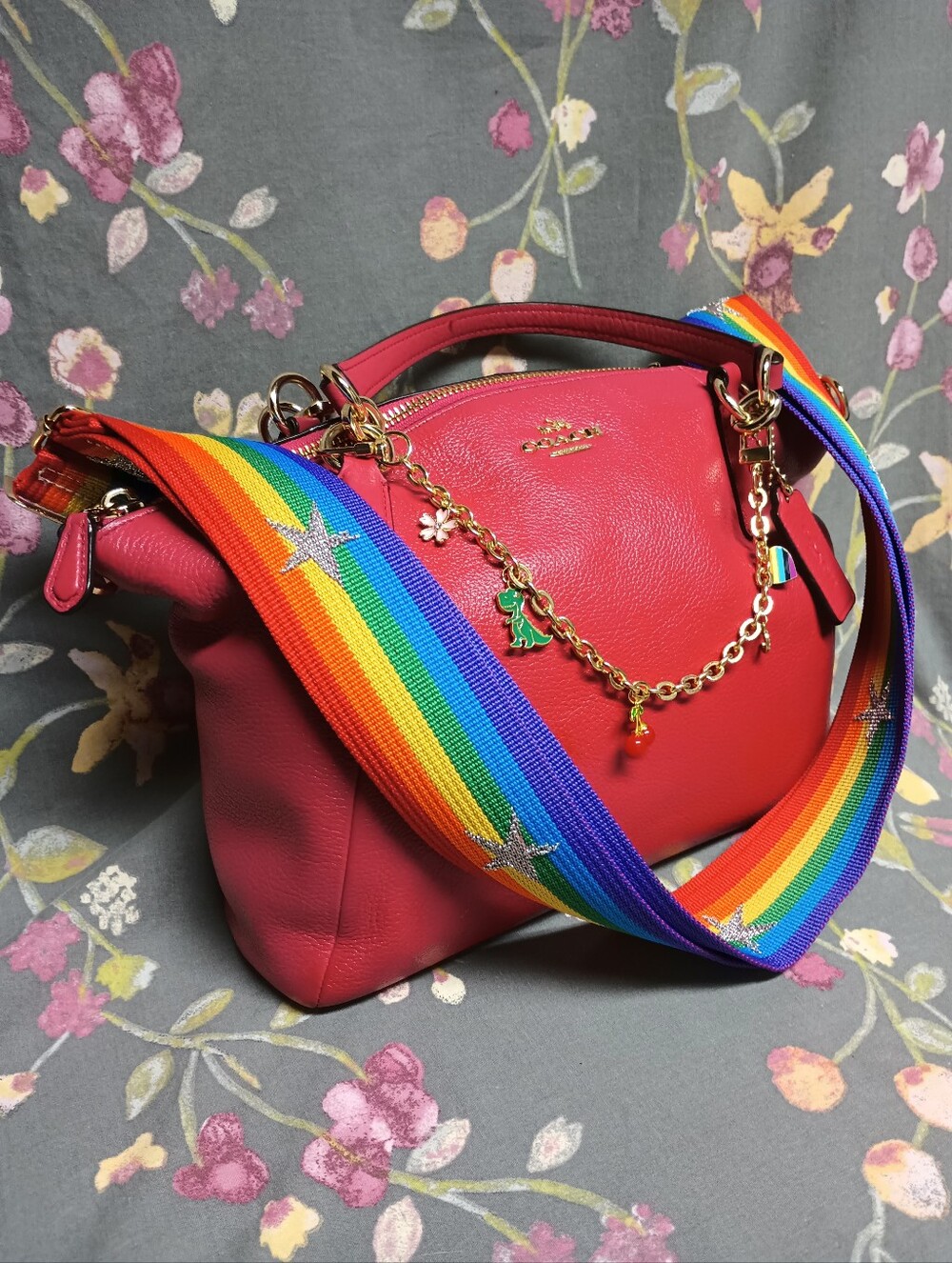 Coach Pink Red Pebble Leather Mini Kelsey Satchel Bundle W Rainbow Crossbody
